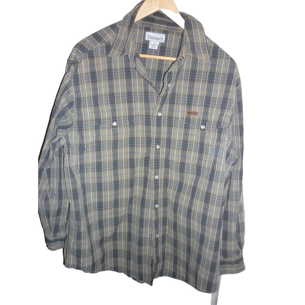 Carhartt Men’s Faux‎ Pearl Snap Blue Plaid Button Shirt 100% Cotton L Large